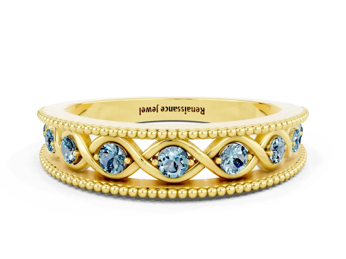 Round Aquamarine Twist Milgrain Band with Bezel Setting Yellow gold
