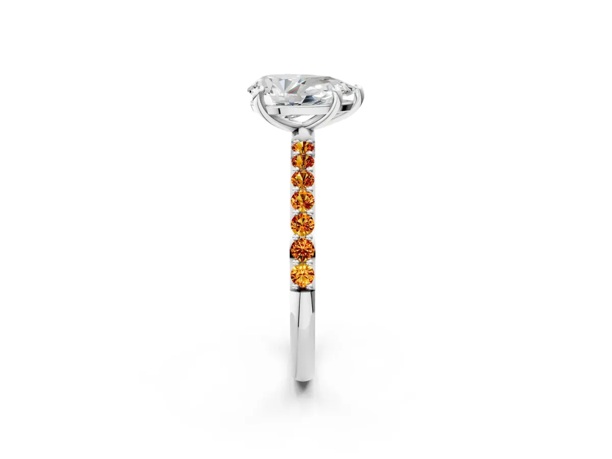Pear Cut Diamond Solitaire Ring with Round Citrine Pavé Band and Prong Setting Platinum