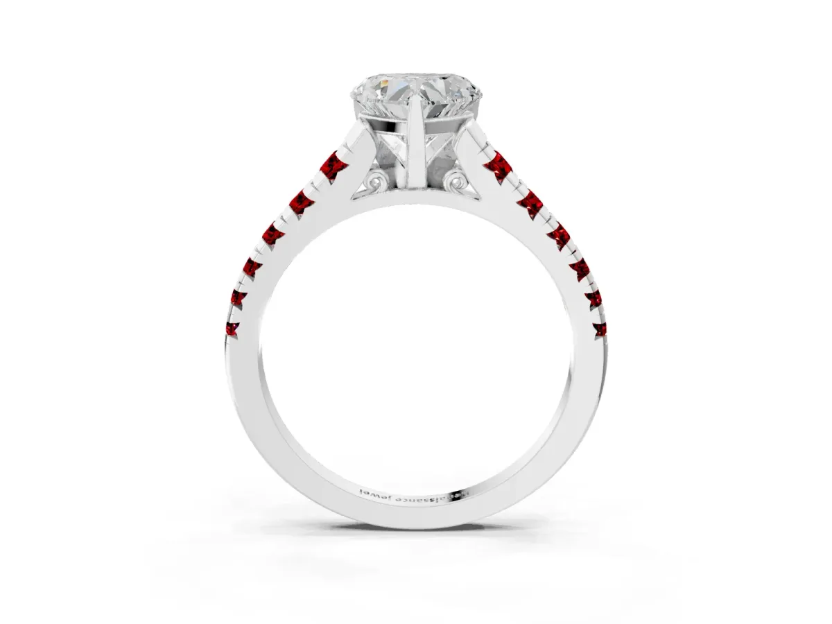 Heart Cut Diamond Cathedral Solitaire Ring with Round Ruby Pavé Band White gold