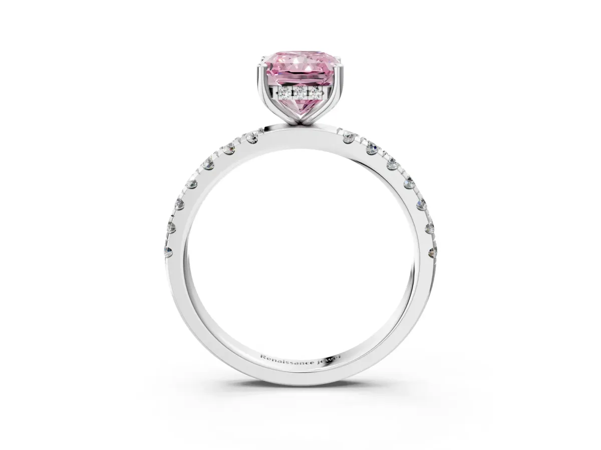 Fancy Pink Radiant Cut Diamond Pave Band Solitaire Ring with Round and Prong Setting Platinum