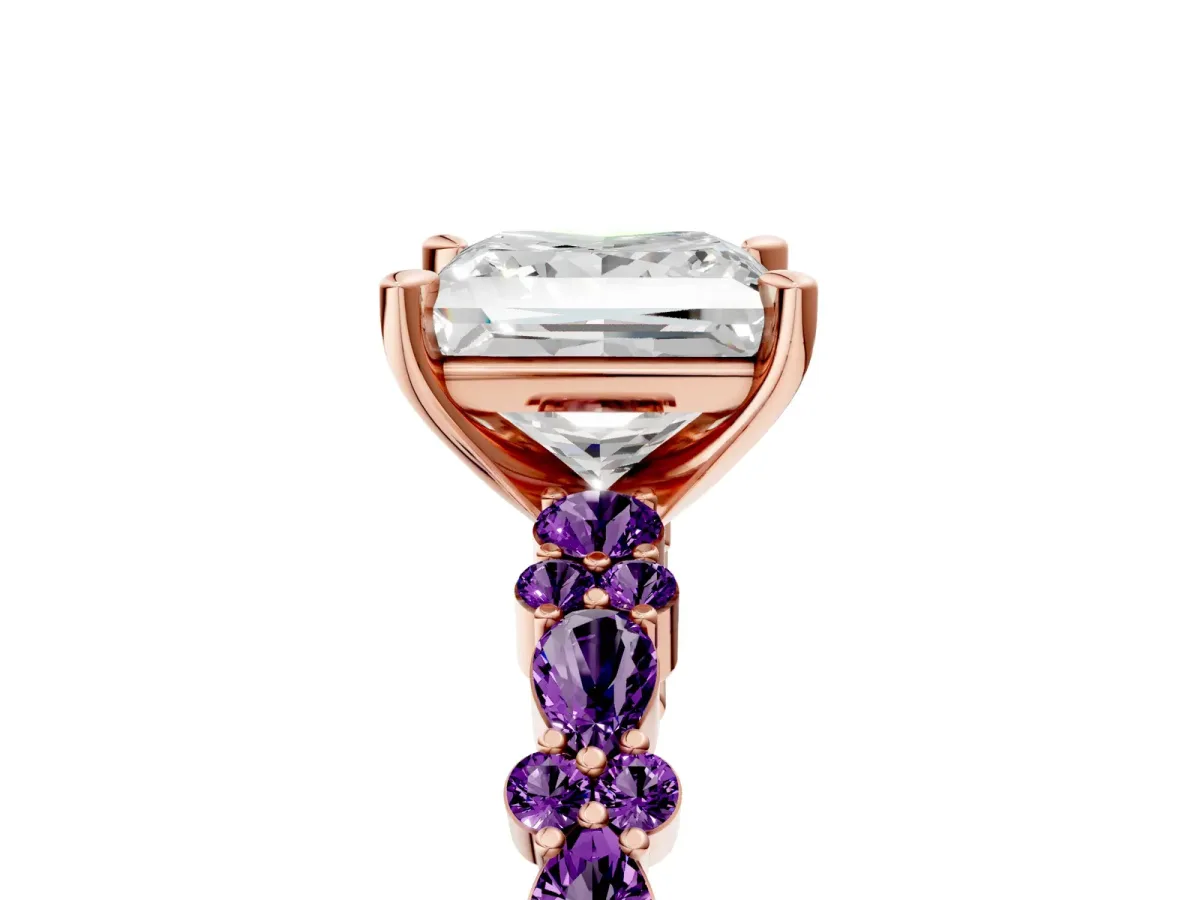 Princess Cut Diamond Side Stone Solitaire Ring with Round Amethyst and Four-Prong Setting Rose gold
