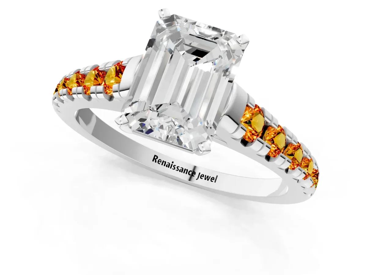 Emerald Cut Diamond Cathedral Solitaire Ring with Round Citrine Pavé Band Platinum