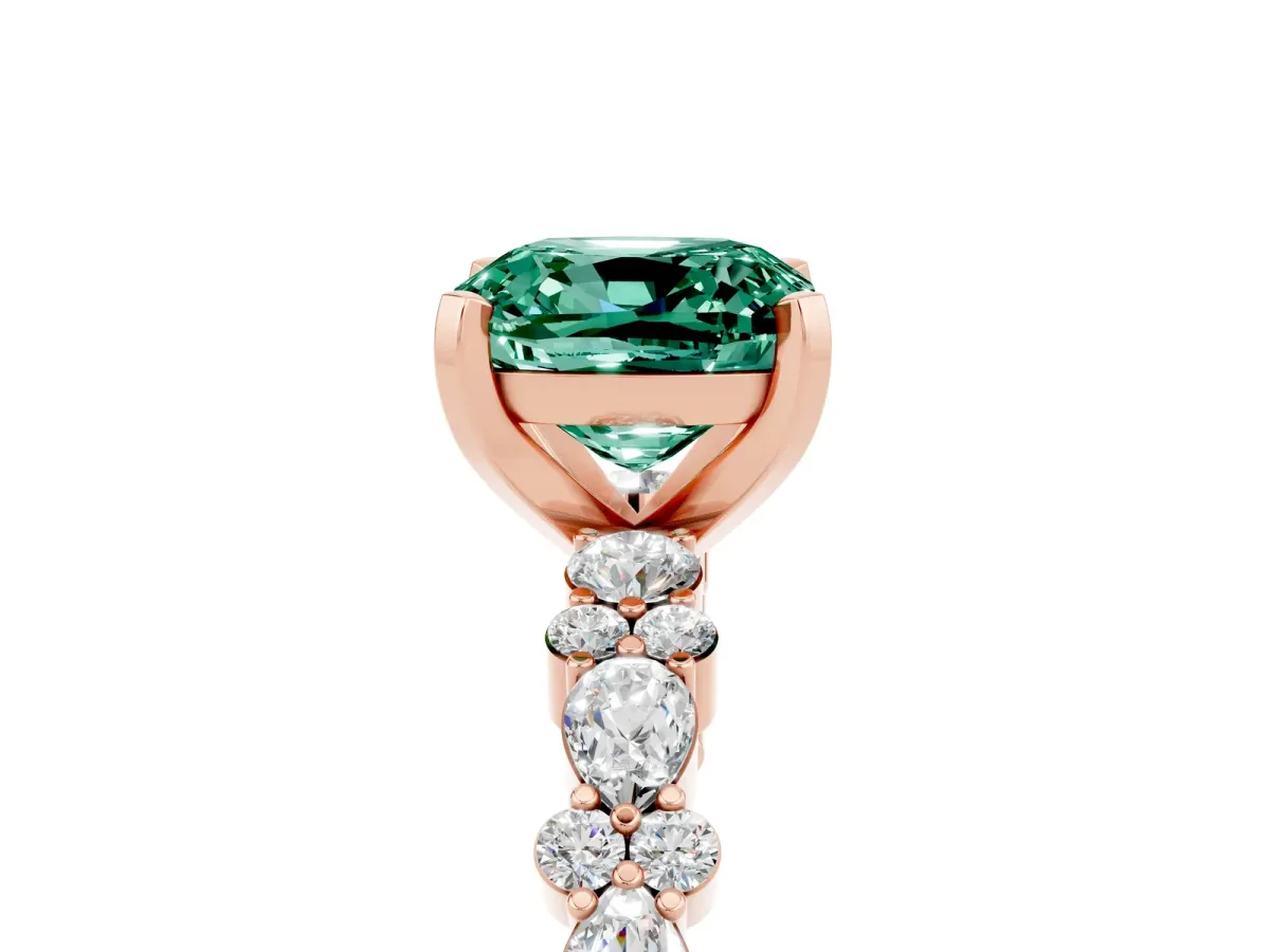 Cushion Cut Green Sapphire Side Stone Solitaire Ring with Round and Four-Prong Setting Rose gold