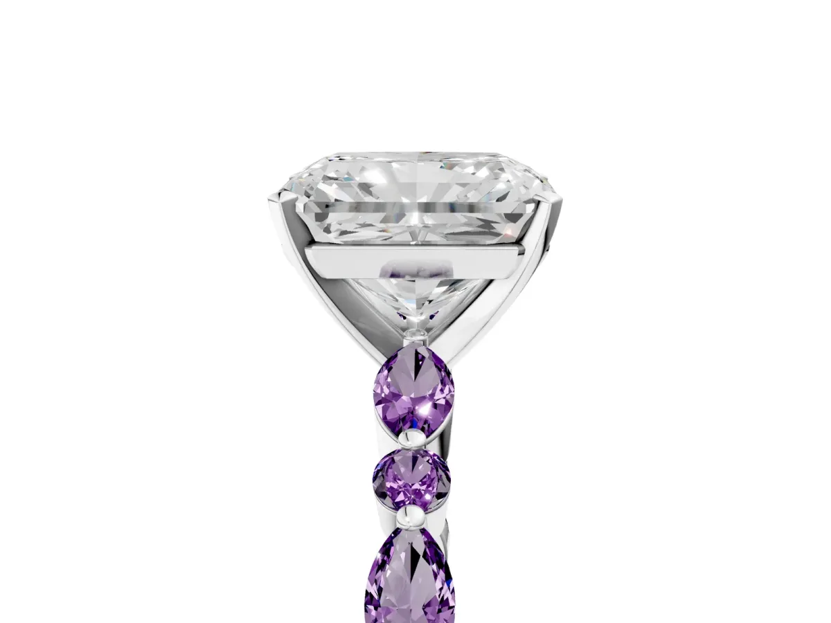 Radiant Cut Diamond Ring with Marquise and Round Amethyst Side Stones and Four-Prong Setting Silver