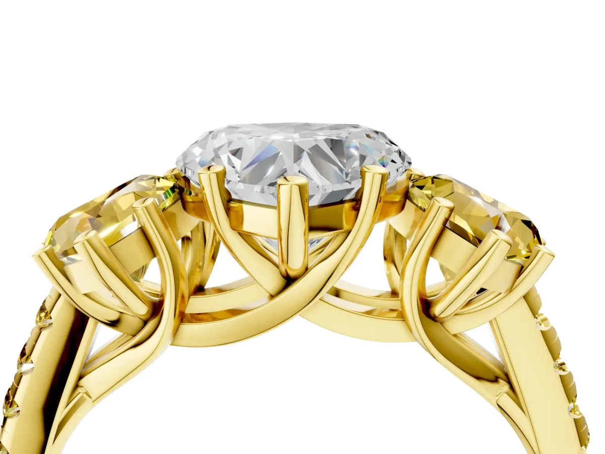 Three-Stone Heart Cut Diamond Ring with Round Yellow Sapphire Pavé Band and Prong Setting Yellow gold