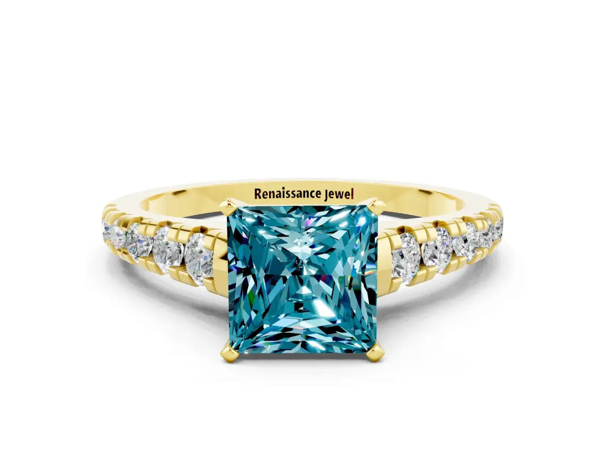 Princess Cut Blue Topaz Cathedral Solitaire Ring with Round Pavé Band Yellow gold