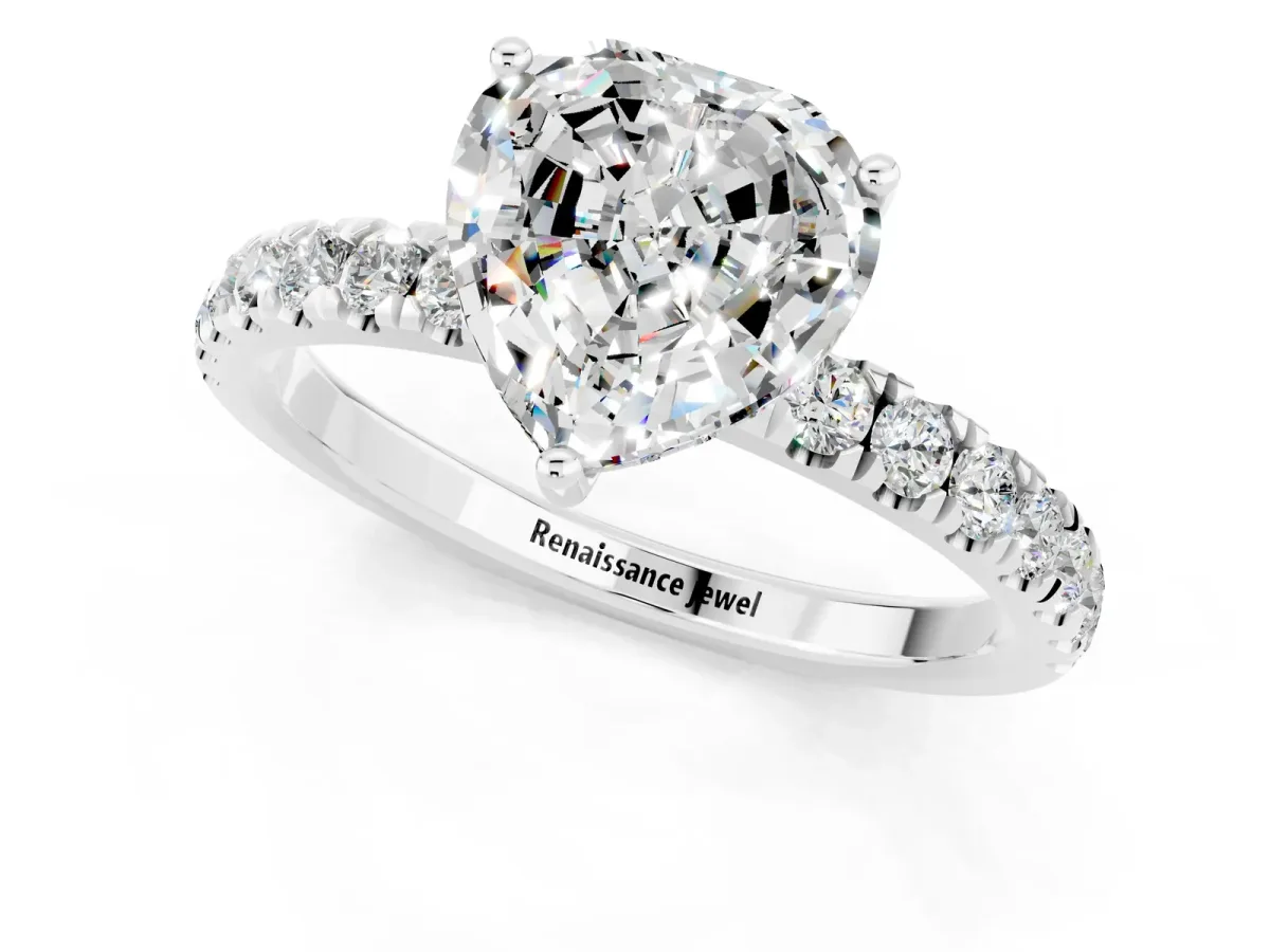 Heart Cut Moissanite Pave Band Solitaire Ring with Round and Prong Setting Platinum