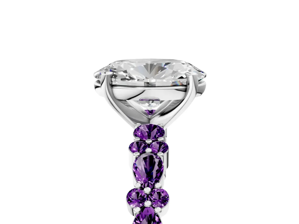 Oval Cut Diamond Side Stone Solitaire Ring with Round Amethyst and Four-Prong Setting Silver