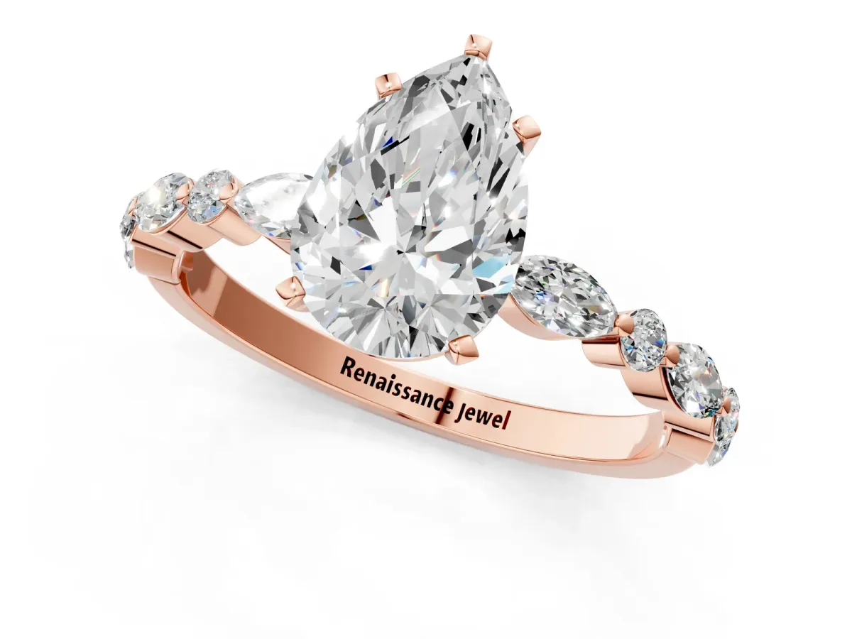 Pear Cut Diamond Ring with Marquise and Round Side Stones and Four-Prong Setting Rose gold
