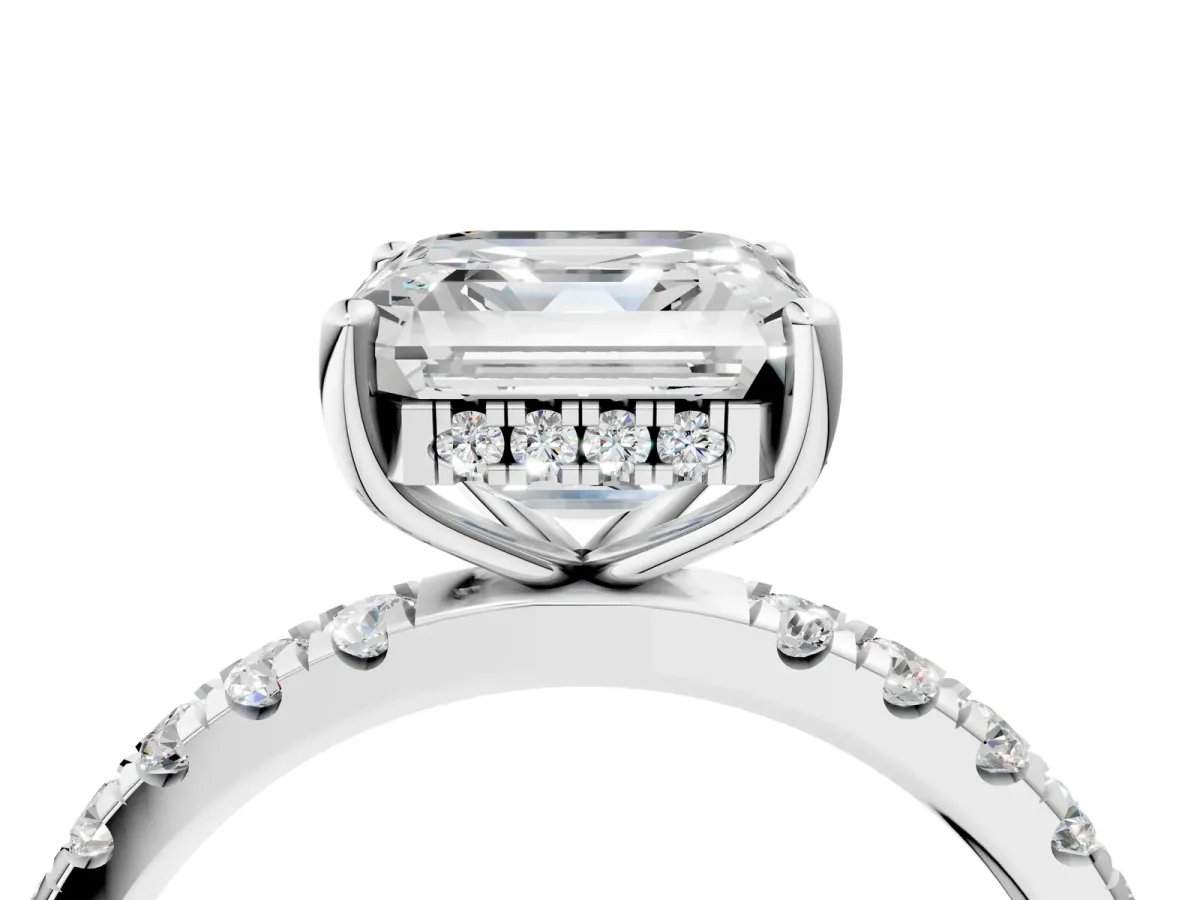 Asscher Cut Diamond Pave Band Solitaire Ring with Round Moissanite and Prong Setting Platinum