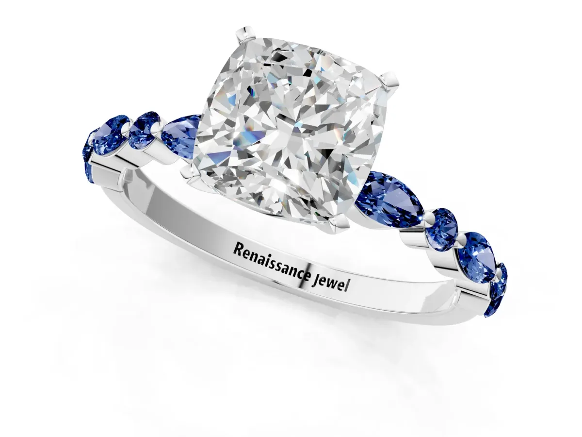 Cushion Cut Diamond Ring with Marquise and Round Blue Sapphire Side Stones and Four-Prong Setting Silver