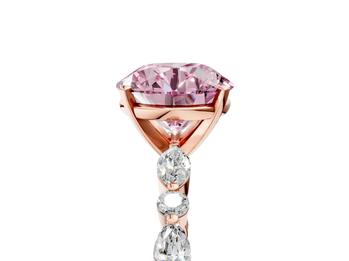 Fancy Pink Round Cut Diamond Ring with Marquise and Round Side Stones and Four-Prong Setting Rose gold