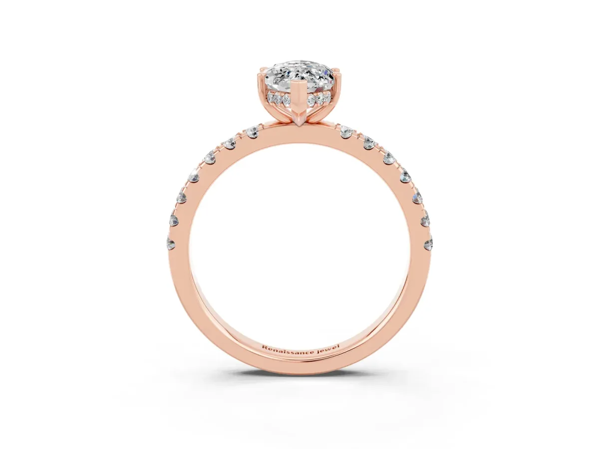 Marquise Cut Moissanite Pave Band Solitaire Ring with Round and Prong Setting Rose gold