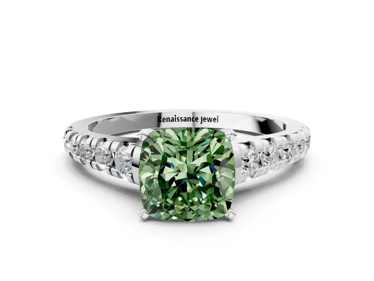 Fancy Green Cushion Cut Diamond Cathedral Solitaire Ring with Round Pavé Band Silver