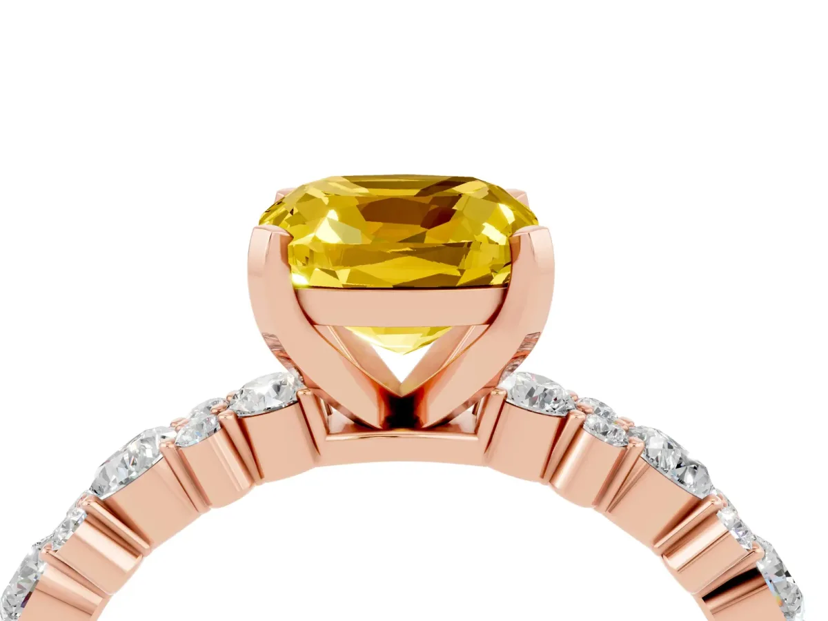 Cushion Cut Yellow Sapphire Side Stone Solitaire Ring with Round and Four-Prong Setting Rose gold