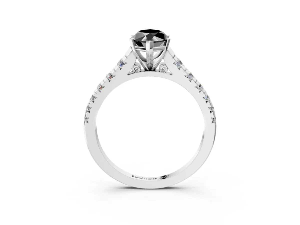 Fancy Black Marquise Cut Diamond Cathedral Solitaire Ring with Round Pavé Band Silver