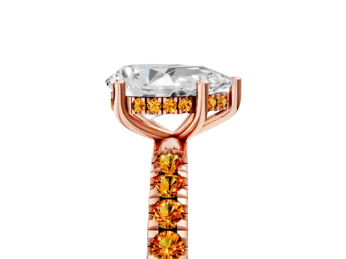 Pear Cut Diamond Pave Band Solitaire Ring with Round Citrine and Prong Setting Rose gold