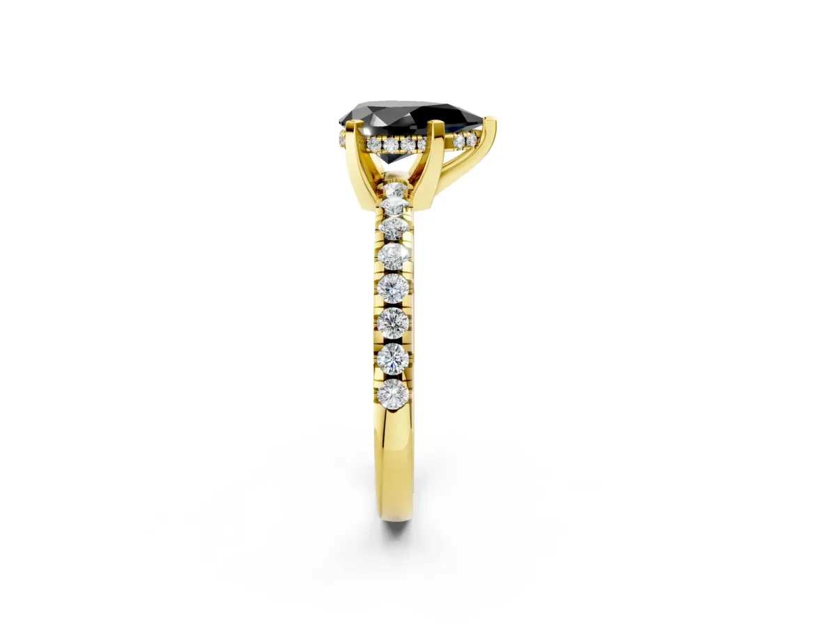 Fancy Black Pear Cut Diamond Solitaire Ring with Round Pavé Band and Four-Prong Setting Yellow gold