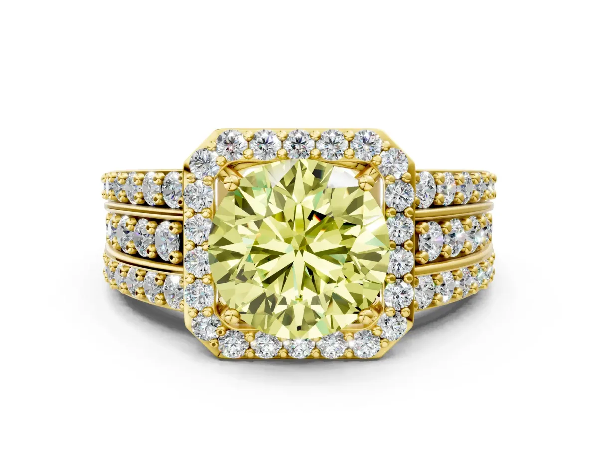 Fancy Yellow Round Cut Halo Diamond Ring with Round Split Shank and Prong Setting Yellow gold