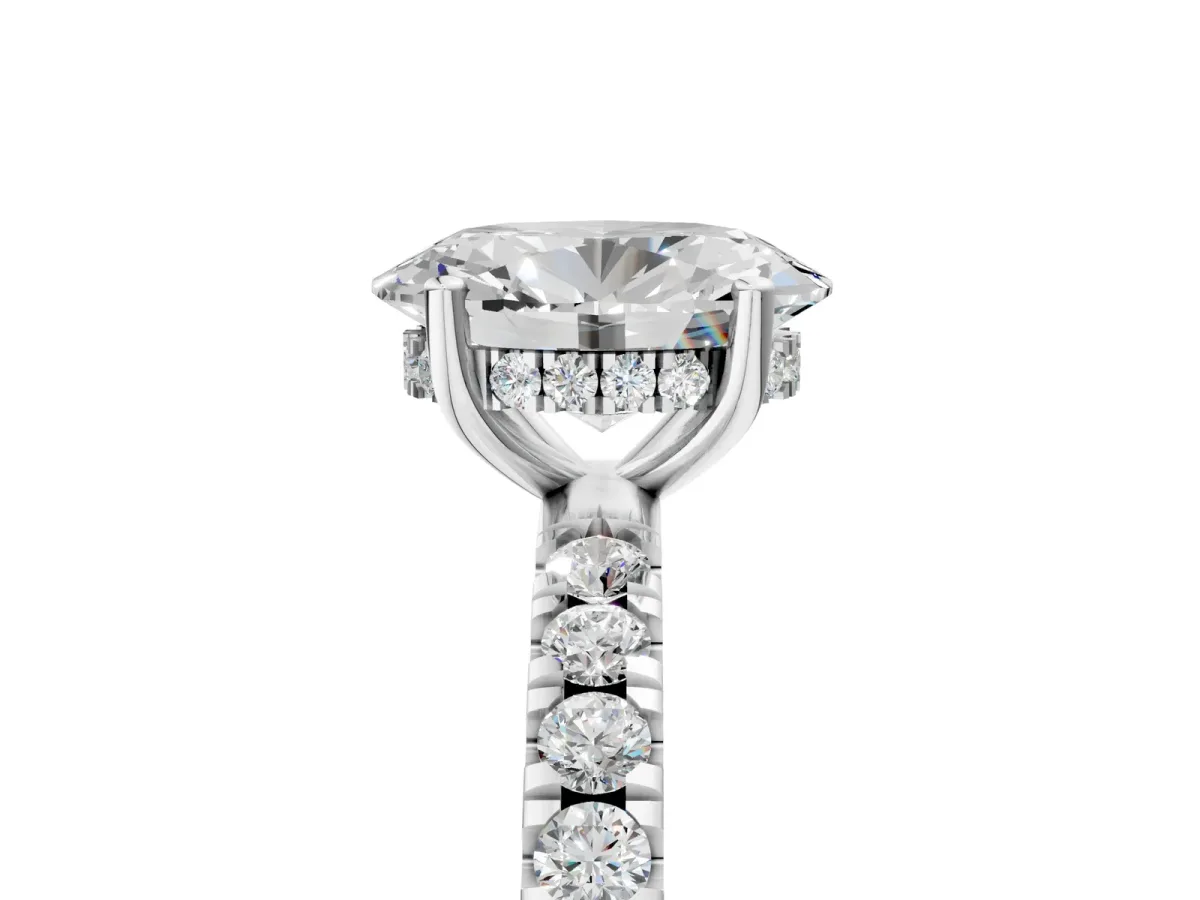 Oval Cut Diamond Pave Band Solitaire Ring with Round and Prong Setting White gold