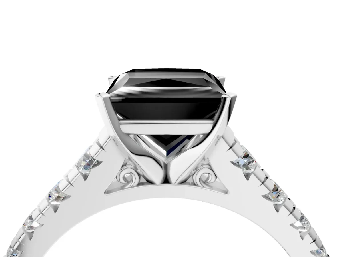 Fancy Black Princess Cut Diamond Cathedral Solitaire Ring with Round Pavé Band Silver
