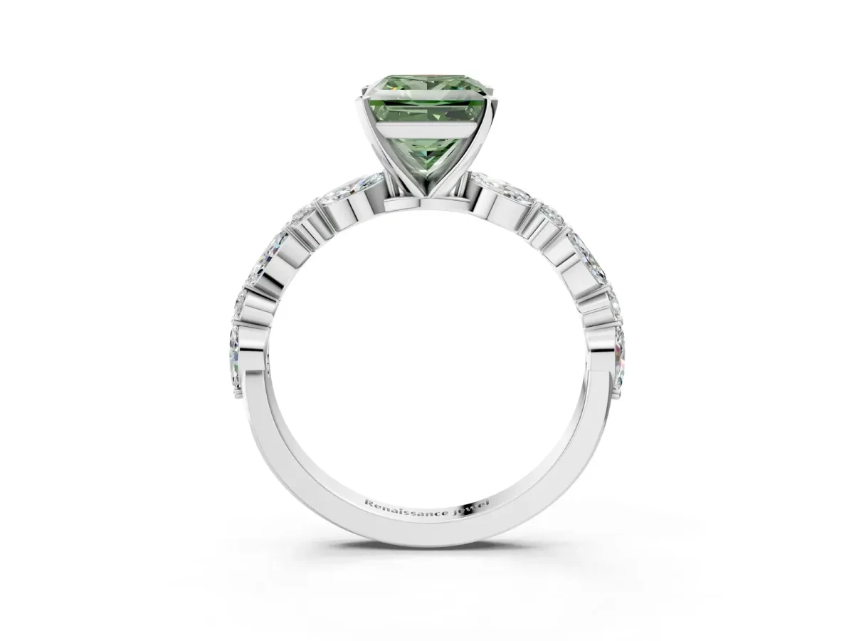 Fancy Green Princess Cut Diamond Ring with Marquise and Round Side Stones and Four-Prong Setting Silver