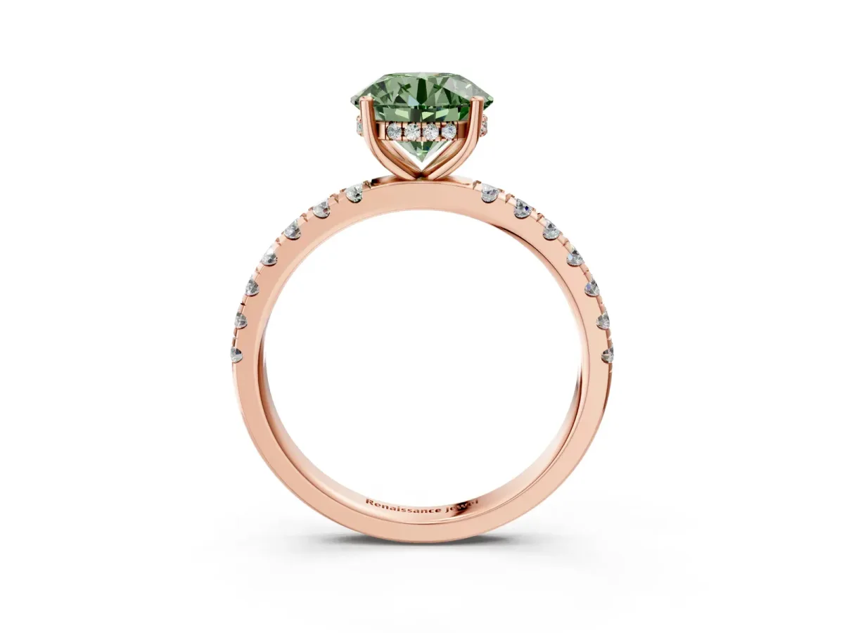 Fancy Green Round Cut Diamond Pave Band Solitaire Ring with Round and Prong Setting Rose gold