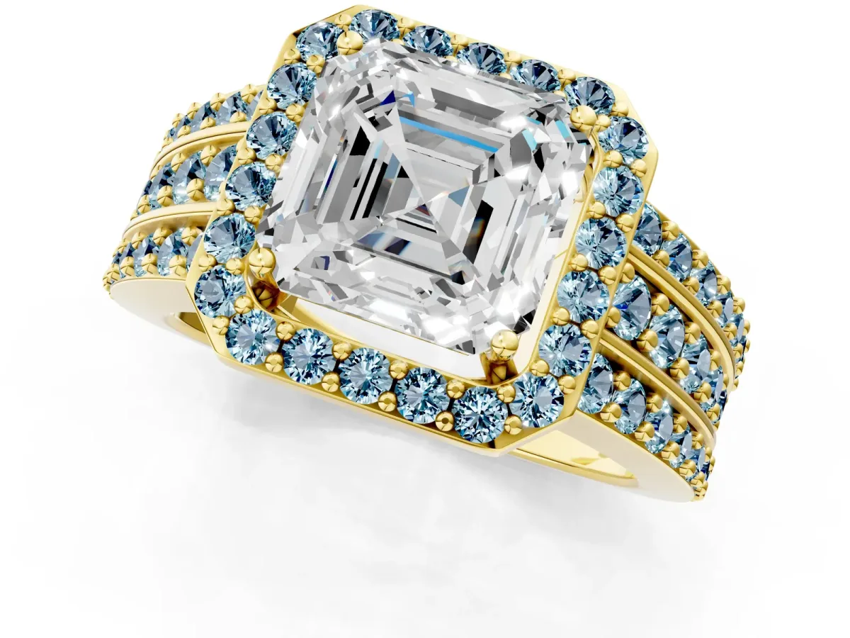 Asscher Cut Halo Diamond Ring with Round Aquamarine Split Shank and Prong Setting Yellow gold