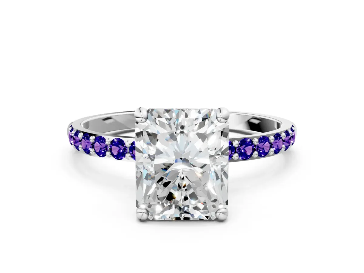 Radiant Cut Diamond Solitaire Ring with Round Tanzanite Pavé Band and Prong Setting Silver
