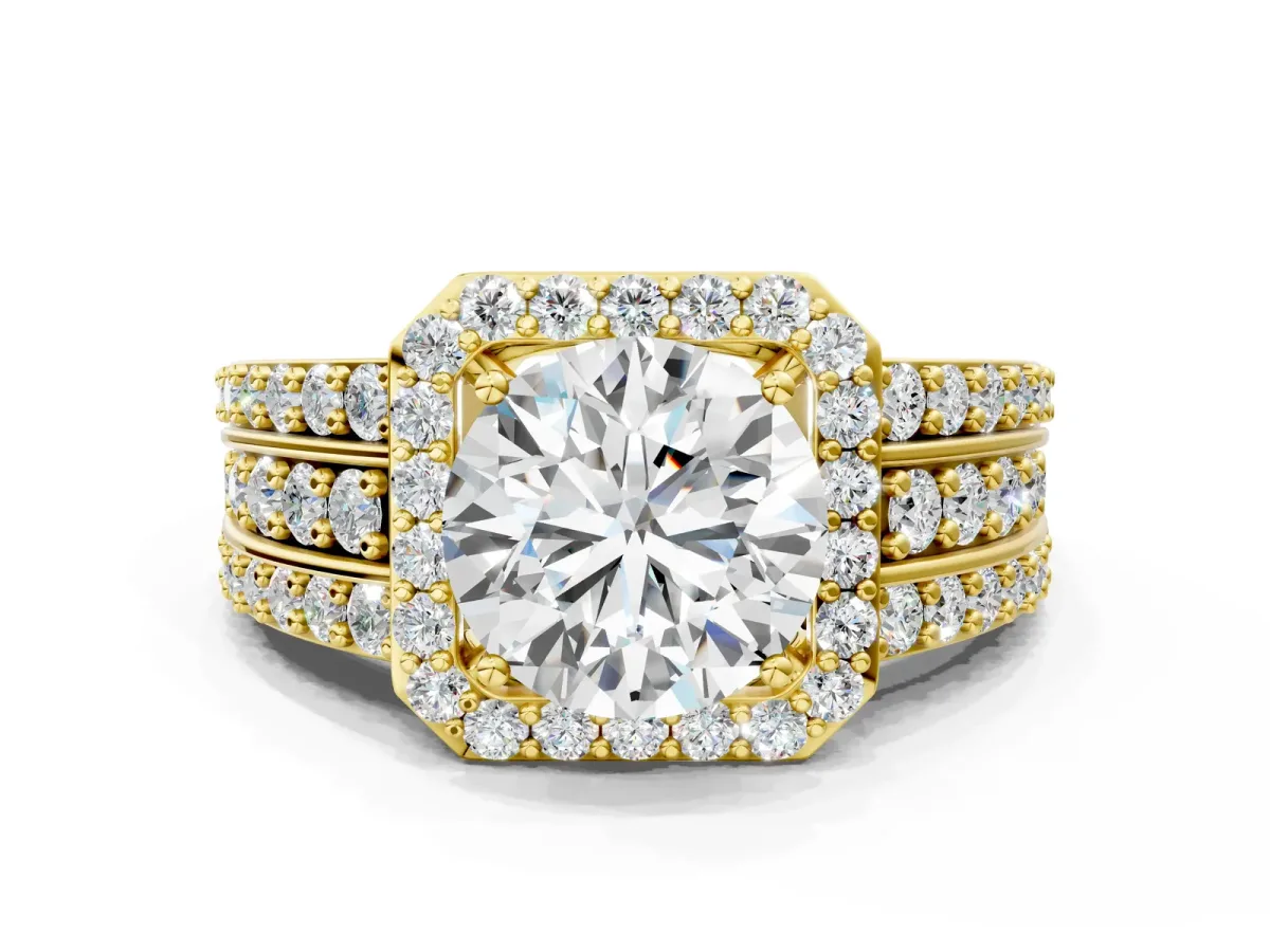 Round Cut Halo Diamond Ring with Round Moissanite Split Shank and Prong Setting Yellow gold
