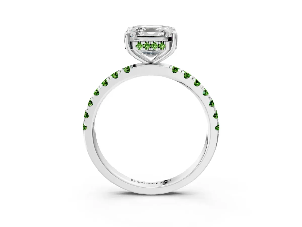 Asscher Cut Diamond Pave Band Solitaire Ring with Round Peridot and Prong Setting White gold