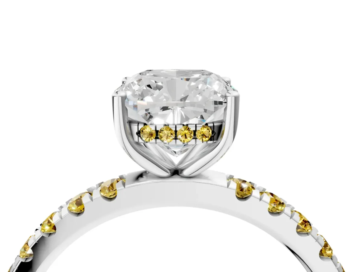 Cushion Cut Diamond Pave Band Solitaire Ring with Round Yellow Sapphire and Prong Setting Silver