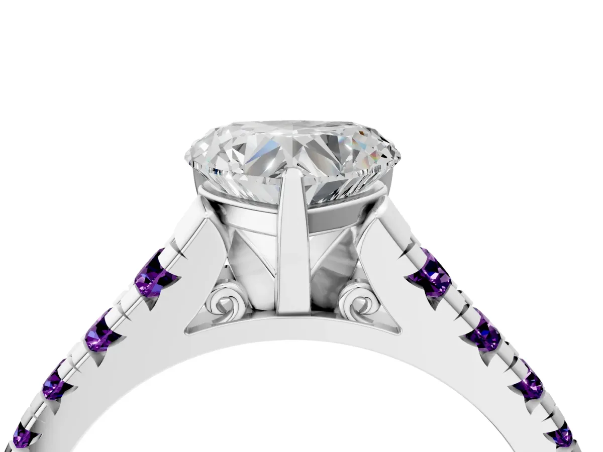 Heart Cut Diamond Cathedral Solitaire Ring with Round Amethyst Pavé Band Silver