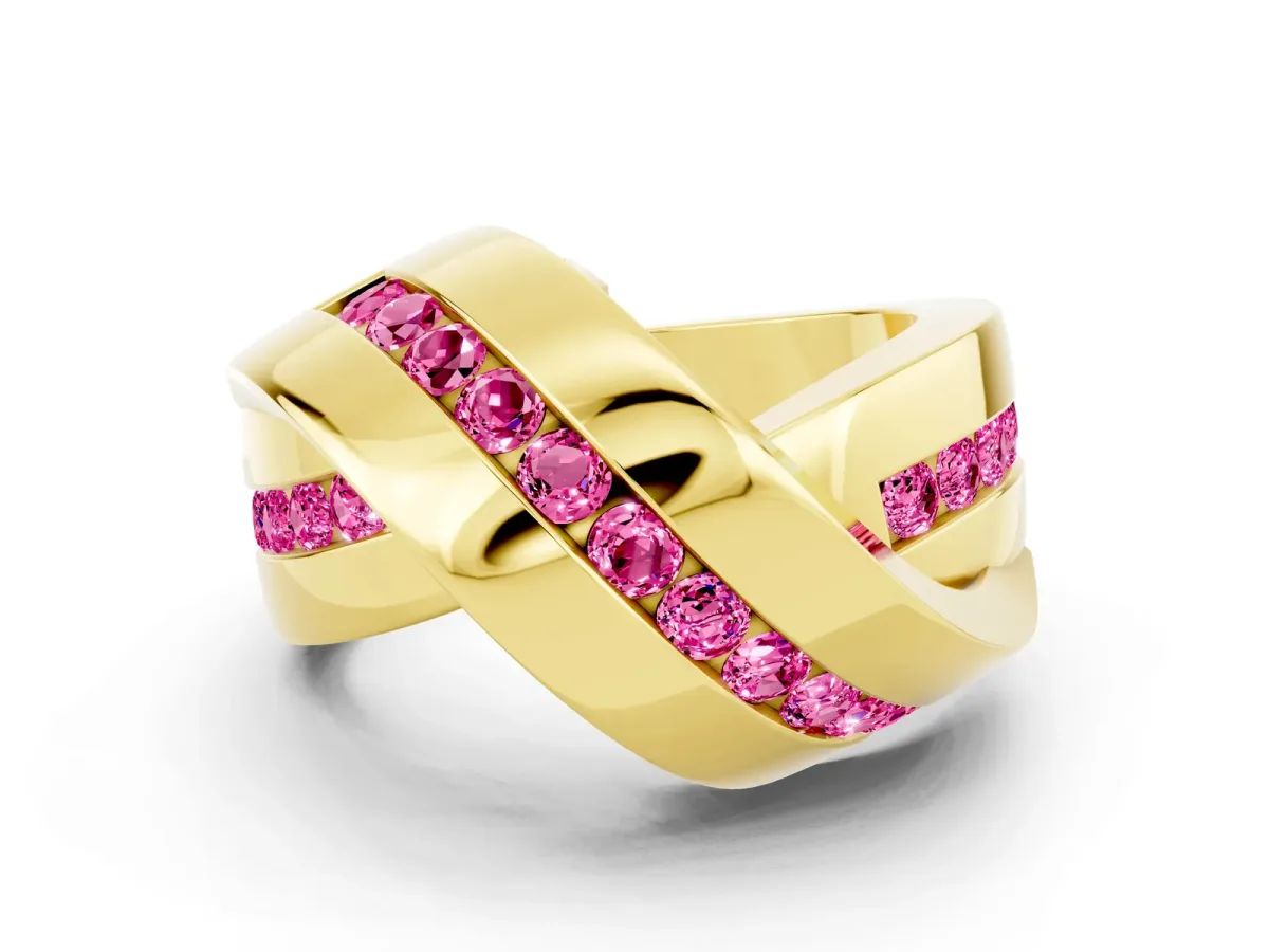 Pavé Round Pink Sapphire Crossover Band with Channel Setting Yellow gold