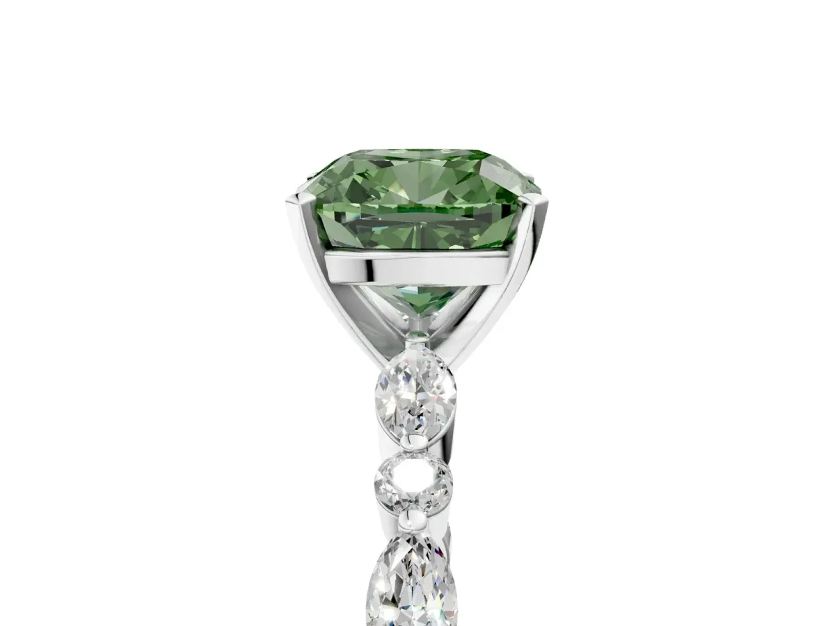 Fancy Green Cushion Cut Diamond Ring with Marquise and Round Side Stones and Four-Prong Setting Silver
