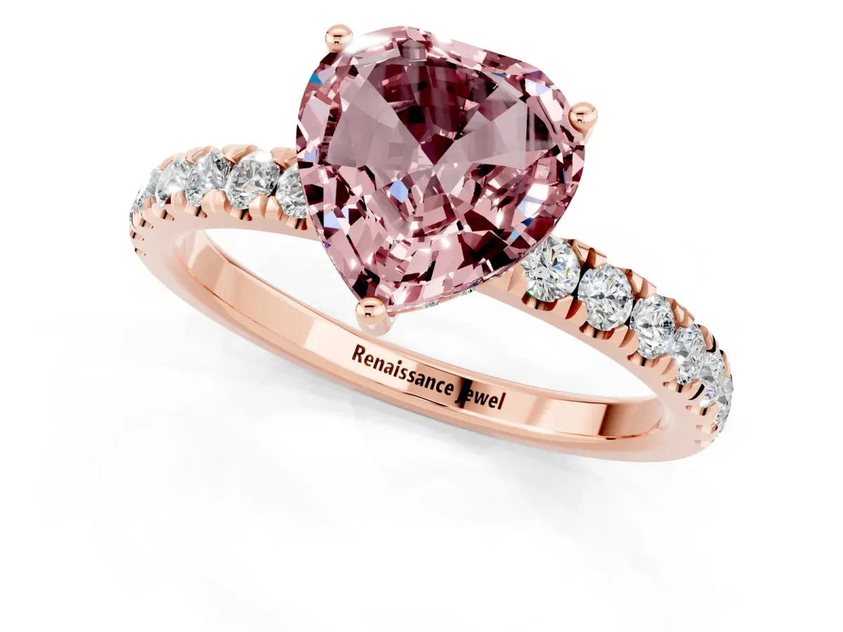 Heart Cut Morganite Pave Band Solitaire Ring with Round and Prong Setting Rose gold