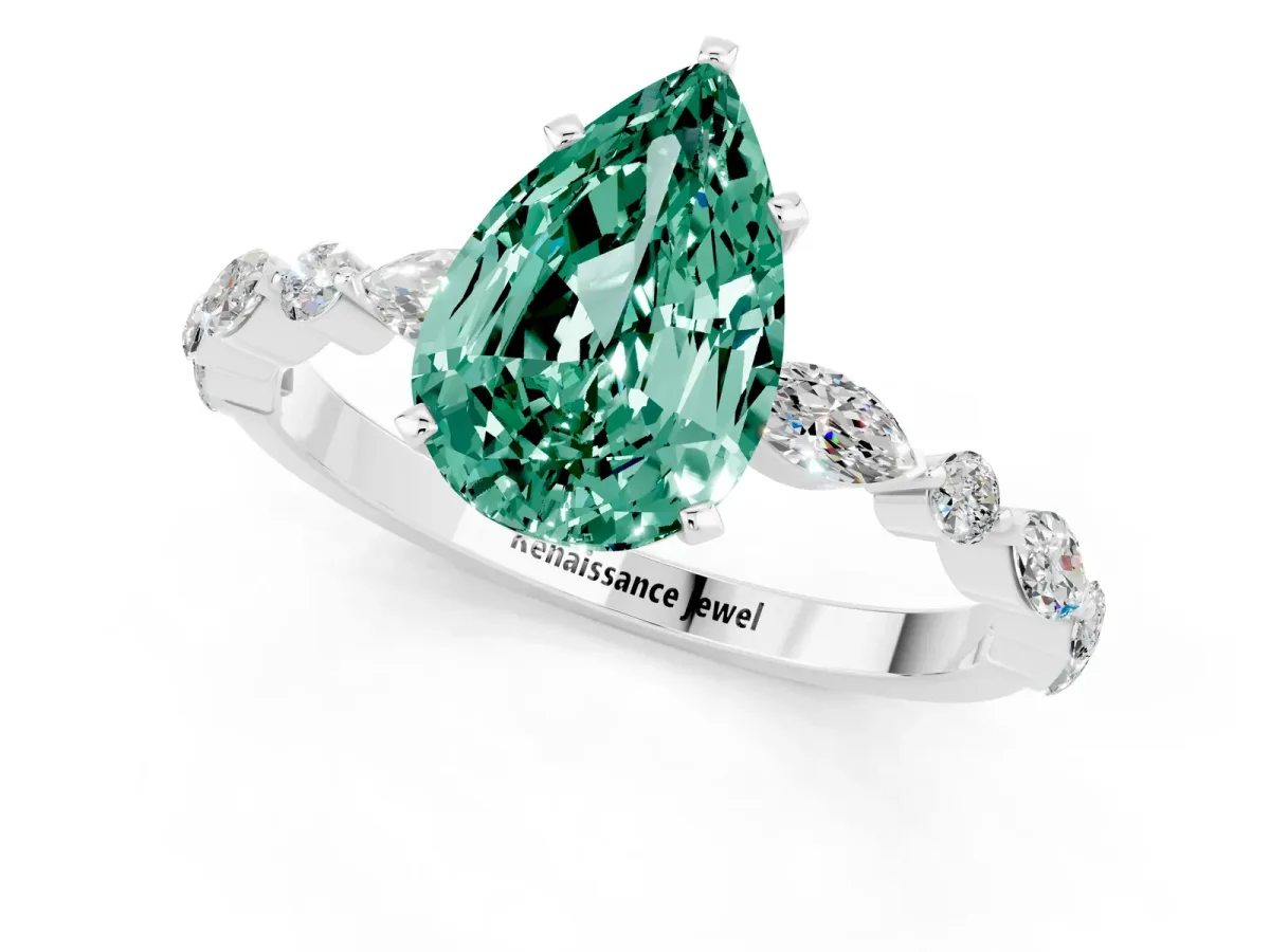Pear Cut Green Sapphire Ring with Marquise and Round Side Stones and Four-Prong Setting Platinum