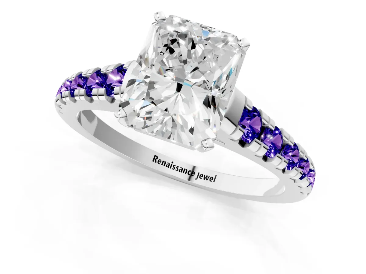 Radiant Cut Diamond Cathedral Solitaire Ring with Round Tanzanite Pavé Band Silver