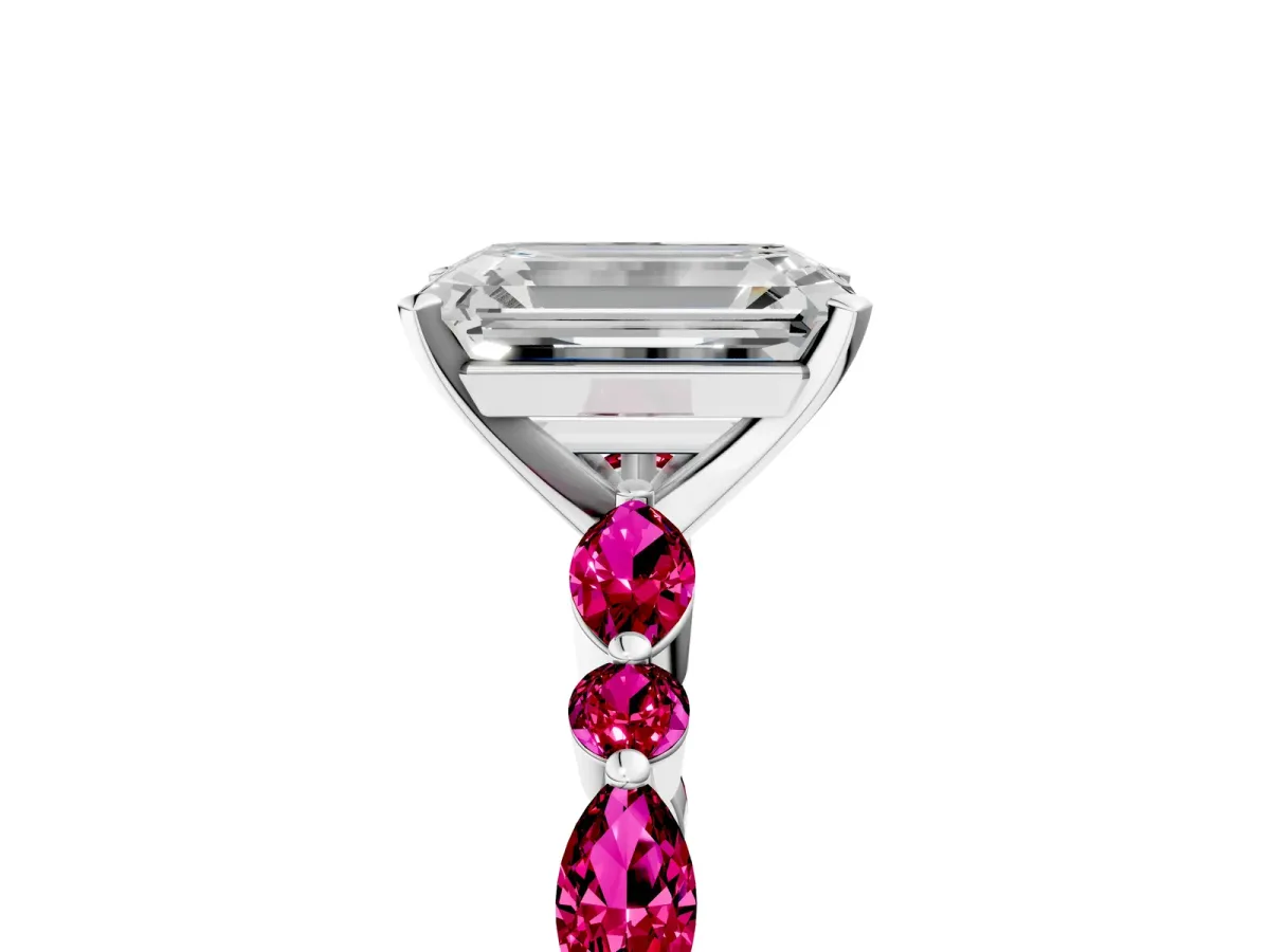 Emerald Cut Diamond Ring with Marquise and Round Garnet Side Stones and Four-Prong Setting Platinum