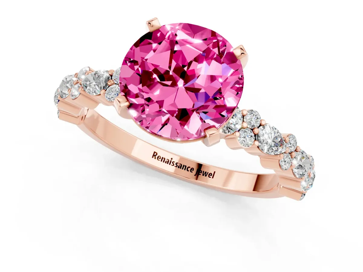 Round Cut Pink Sapphire Side Stone Solitaire Ring with Round and Four-Prong Setting Rose gold