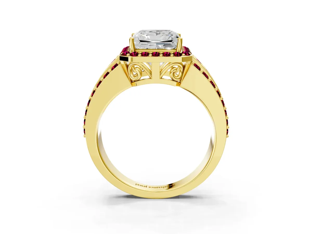 Princess Cut Halo Diamond Ring with Round Garnet Split Shank and Prong Setting Yellow gold