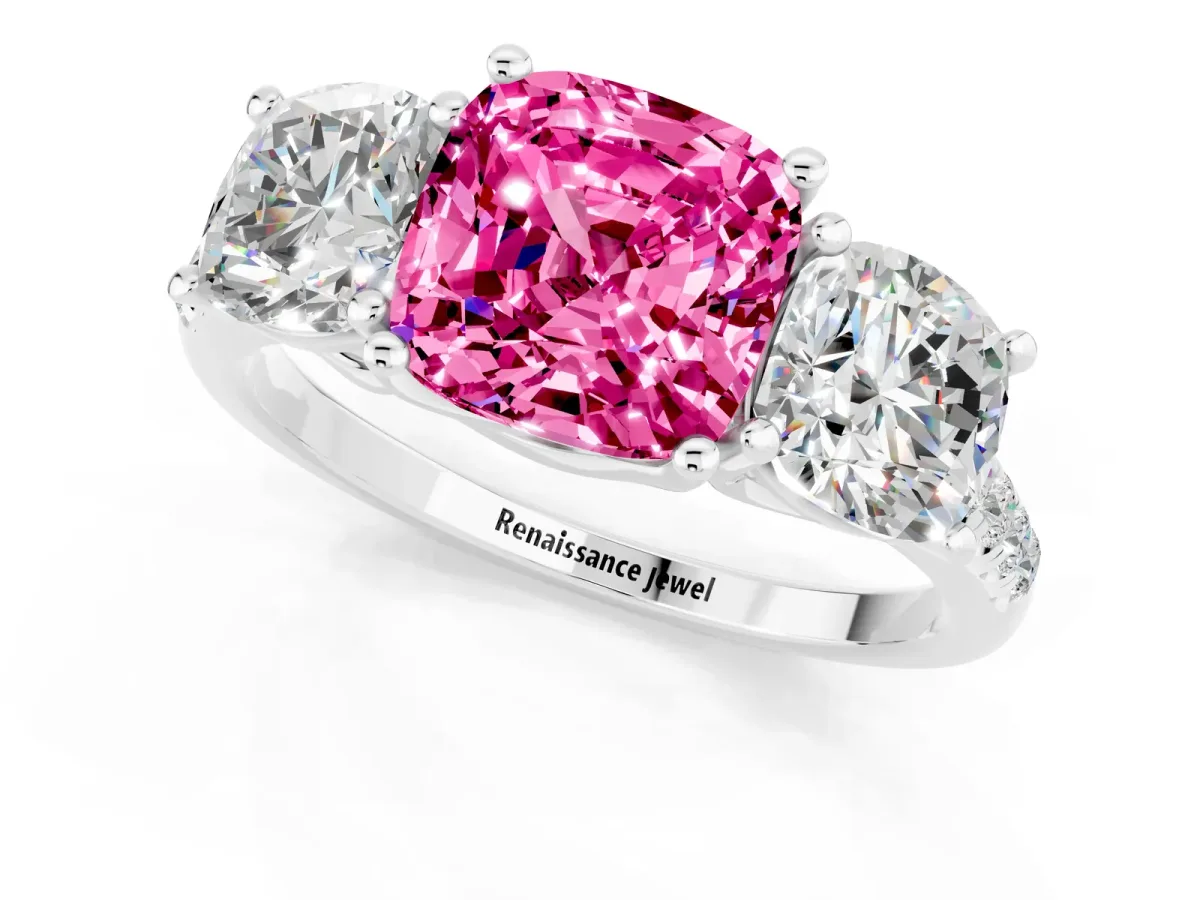 Three-Stone Cushion Cut Pink Sapphire Ring with Round Pavé Band and Prong Setting Platinum