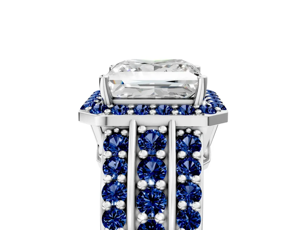 Princess Cut Halo Diamond Ring with Round Blue Sapphire Split Shank and Prong Setting Platinum