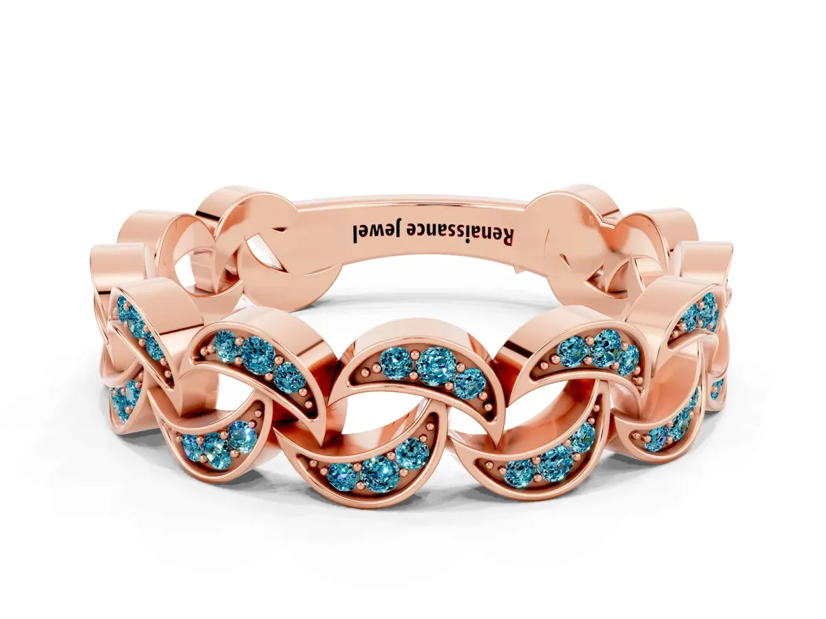 Pavé Round Blue Topaz Interlocking Eternity Band with Bezel Prong Setting Rose gold