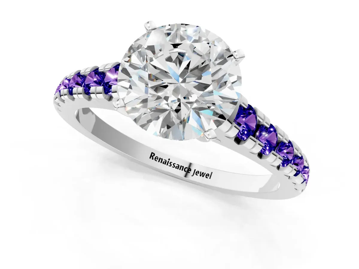 Round Cut Diamond Cathedral Solitaire Ring with Round Tanzanite Pavé Band Silver