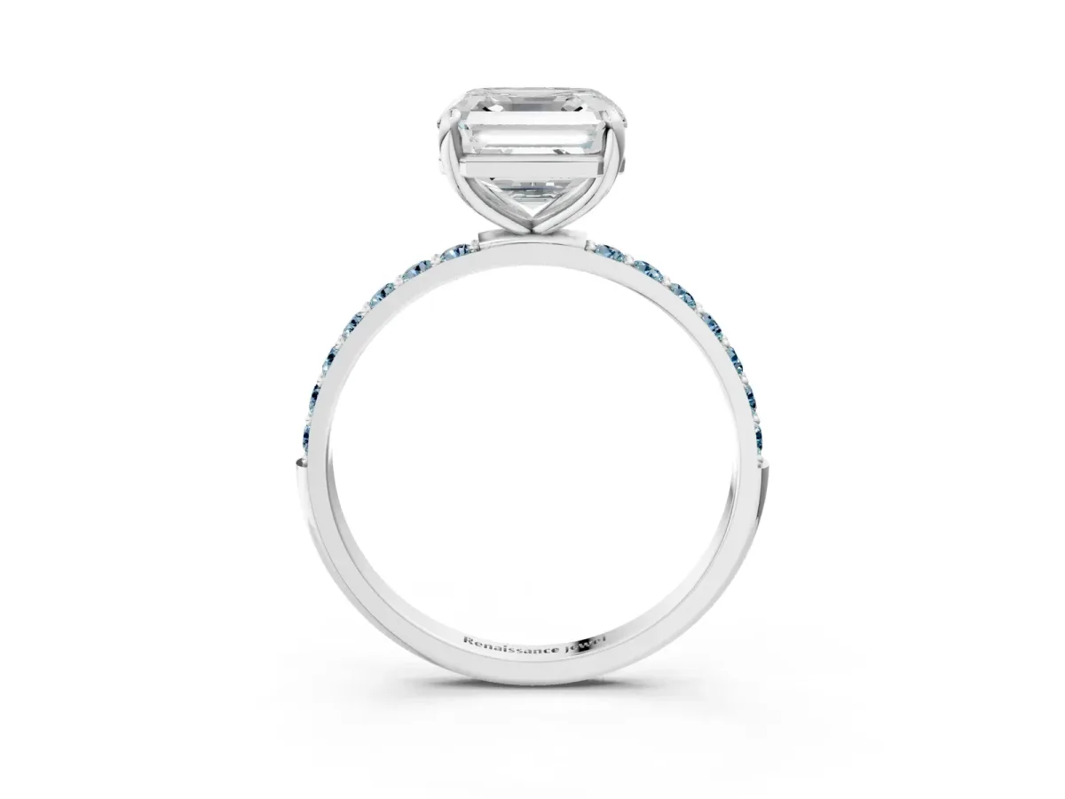 Asscher Cut Diamond Solitaire Ring with Round Aquamarine Pavé Band and Prong Setting Silver