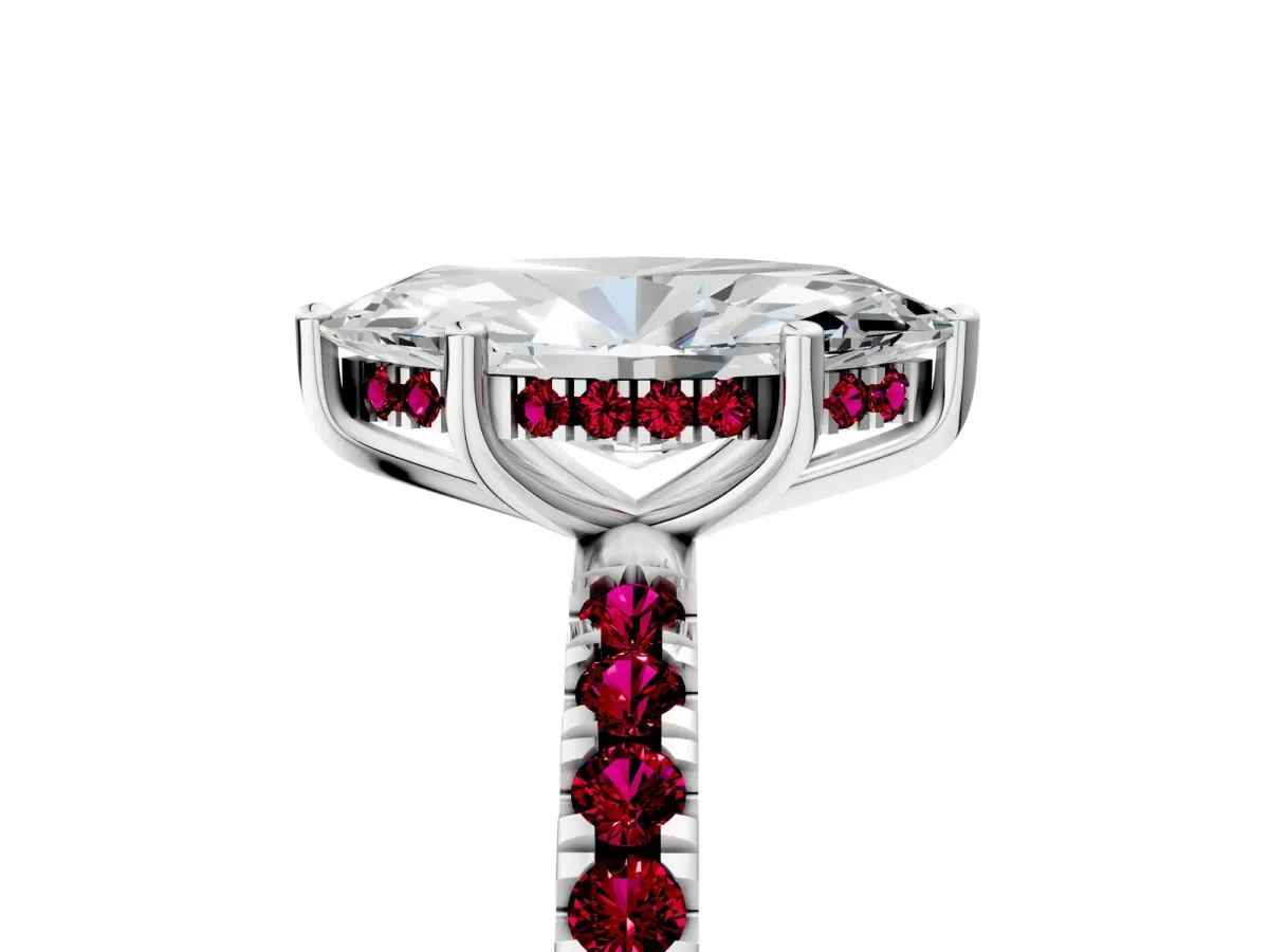 Marquise Cut Diamond Pave Band Solitaire Ring with Round Garnet and Prong Setting Platinum