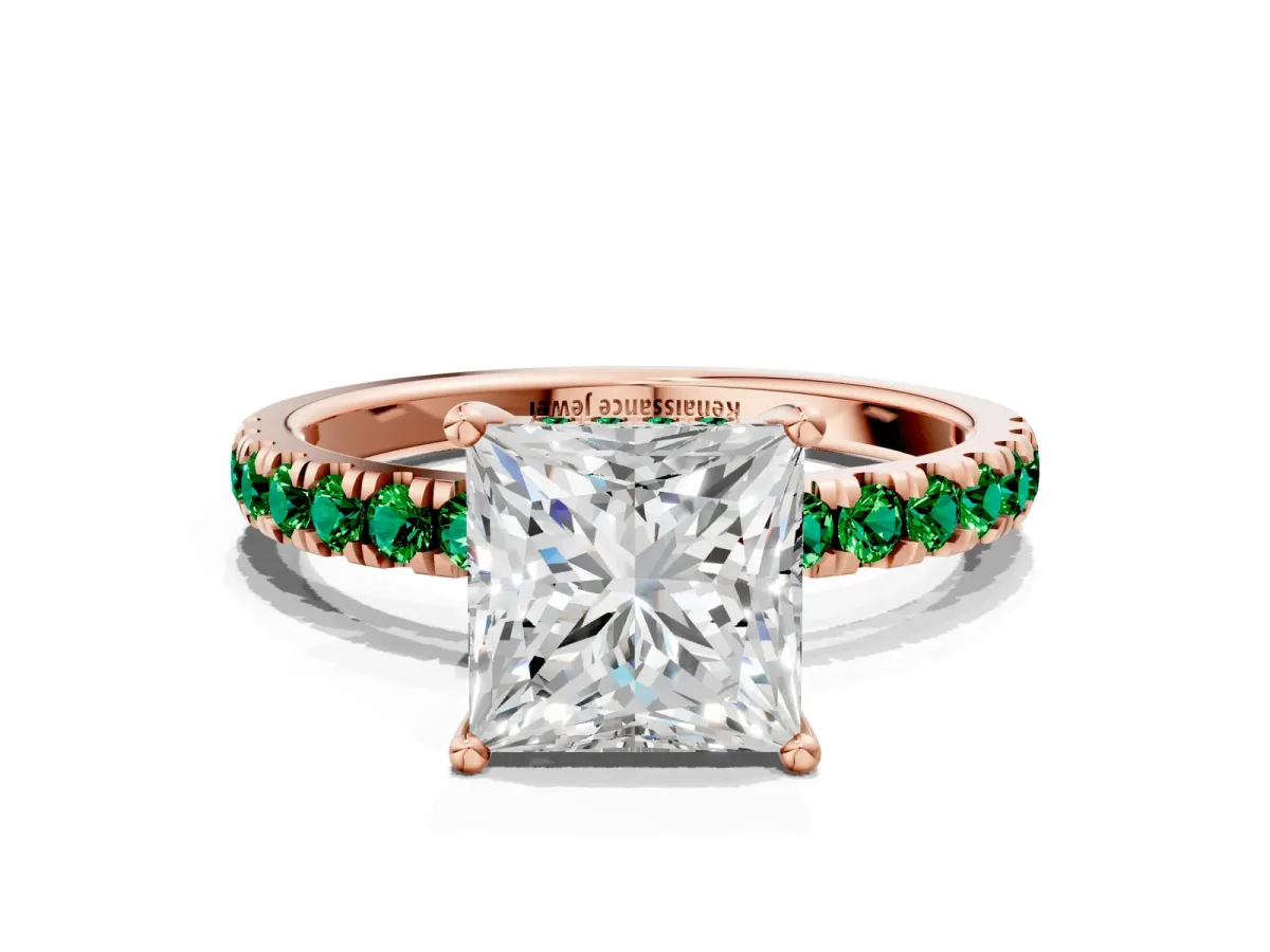 Princess Cut Diamond Pave Band Solitaire Ring with Round Emerald and Prong Setting Rose gold