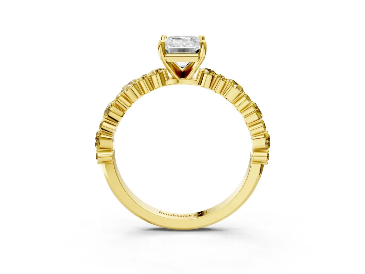 Emerald Cut Diamond Side Stone Solitaire Ring with Round Yellow Sapphire and Four-Prong Setting Yellow gold
