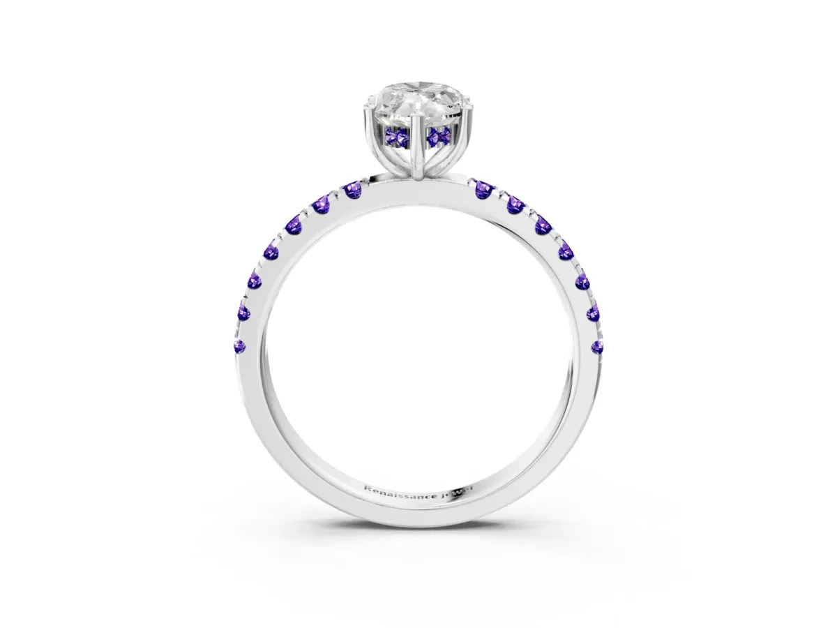 Marquise Cut Diamond Pave Band Solitaire Ring with Round Tanzanite and Prong Setting Platinum